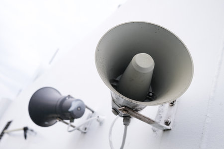 Speakers on a ship on a wallの写真素材