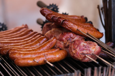 Sausages and meat on a grill outsideの写真素材