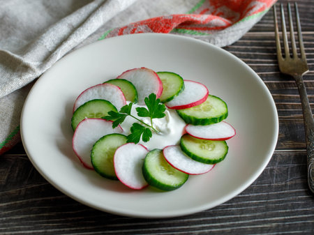 Plate with healthy spring vegetarian salad with radish, cucumber and parsley with sour cream. top view on wooden background with fork and napkin, russian summer foodの写真素材