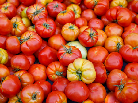 Delicious red orange yellow farmers tomatoes. Summer tray market agriculture farm full of organic vegetables. Full frame background close up selective focus. top view, horizontal, verticalの写真素材