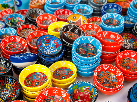 Authentic hand made Turkish ceramic bowls with vibrant bright colors and intricate hand painted design at local market. Sourced from Turkey. Can be used as home decor or for serving. Iznik pottery.の写真素材