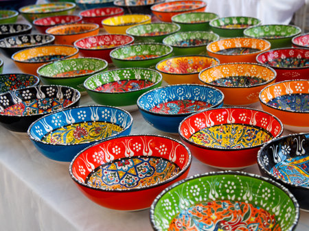 Authentic hand made Turkish ceramic bowls with vibrant bright colors and intricate hand painted design at local market. Sourced from Turkey. Can be used as home decor or for serving. Iznik pottery.の写真素材