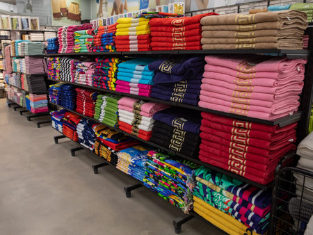 Multicolor towels on shelf in market, sale cotton towels, stack colored cotton towels, a shelf in the home row of the market, close-up selective focusの写真素材