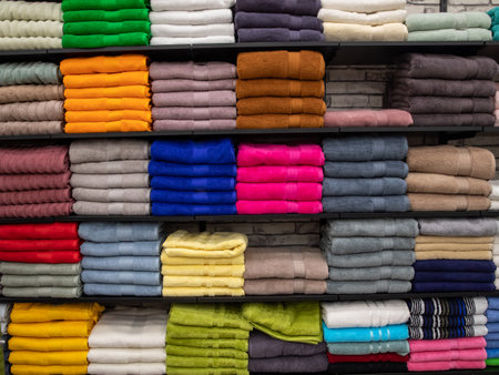 Multicolor towels on shelf in market, sale cotton towels, stack colored cotton towels, a shelf in the home row of the market, close-up selective focusの写真素材