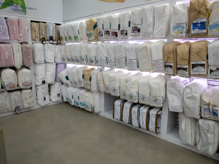 Close-up of store shelf, warehouse with pillows, blankets, bed linen. Pamukkale, Turkey 30 June 2022の写真素材