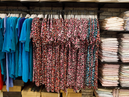 Beautiful colorful women clothing dress and t-shirts hang on hangers inside of a shopping mall. elegant clothes. women fashion industry. Classic design. Merchandise in a shopの写真素材