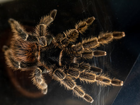 Close up of a female bahia scarlet tarantula (lasiodora klugi) in captivity, terrarium. Top view horizontalの写真素材