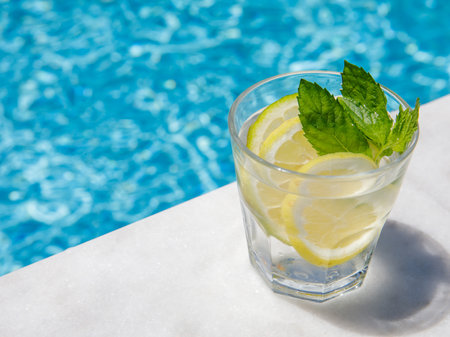 Citrus and mint leaves infused water, cocktail, lemonade in glass near pool. Summer iced cold drink with lemon, lime, ice and mint on blue water and white marble background, copy space, side viewの写真素材