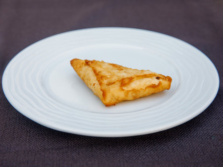 Delicious turkish pie filo pastry with greek feta cheese triangle pie close-up on white plate on the table. horizontalの写真素材