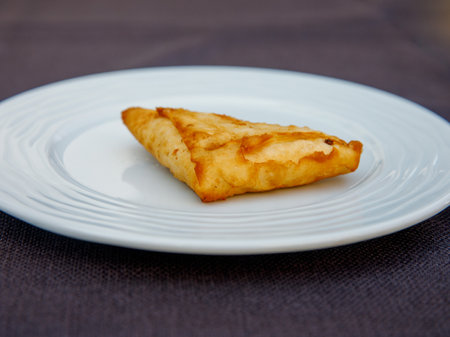 Delicious turkish pie filo pastry with greek feta cheese triangle pie close-up on white plate on the table. side view, horizontal.の写真素材