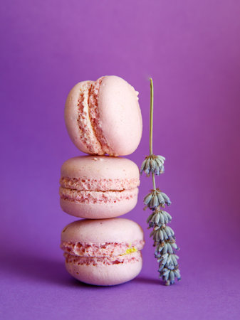 tower of pink pastel macaroons close-up on bright purple background with lavender flower, Stack of three pink strawberry raspberry cookies. Verticalの写真素材