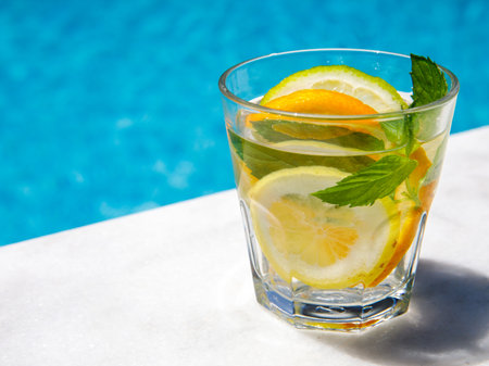 Citrus and mint leaves infused water, cocktail, lemonade in glass near pool. Summer iced cold drink with lemon, lime, orange, mint on blue water and white marble background, copy space, side viewの写真素材