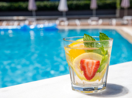 Citrus mint leaves infused water, cocktail, lemonade in glass near pool. Summer iced cold drink with lemon, lime, orange, strawberry, mint on blue water white marble background, copy space, side viewの写真素材