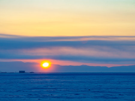 View to Chui steppe in winter dawn. Russia. South Of Western Siberia, Altai Mountains. Desert mountains covered with the snow near the village of Kosh-Agach.の写真素材