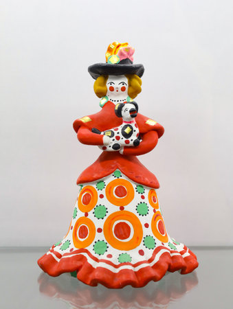 Dymkovskaya toy. Russian national clay doll, as woman in retro costume in dymkovo painting style with circles. Toy with hat and dog. folk art. Souvenir from Russia. vertical.の写真素材