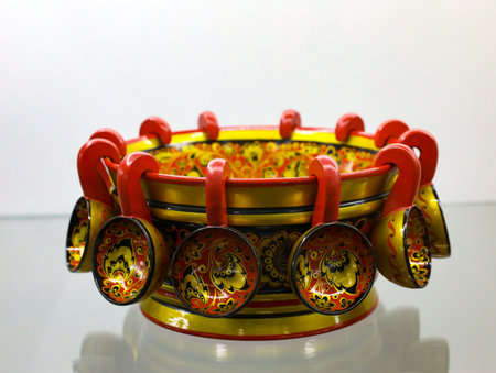 Bright Khokhloma bratina ladle bowl. Khokhloma is an ancient Russian folk craft of the XVII century. Traditional elements of Khokhloma are red, black, golden colors. folk art. Souvenir from Russia.の写真素材