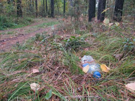 A plastic bottle lies on the ground in the forest. The problem of environmental pollution. The pollution of the environment by plastic and garbage.の写真素材