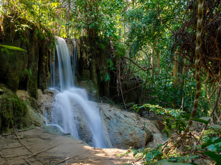 Landscape view of Erawan waterfall Kanchanaburi Thailand. Erawan National Park is home to one of the most popular falls in Thailand.の写真素材