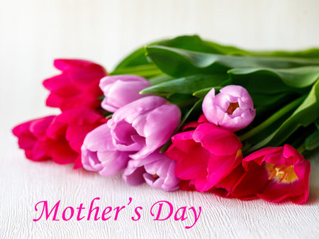 Mother's day inscription with bunch of red and purple tulip, bouquet of flowers. Spring tulips on white wooden background card. side view. selective focus. close upの写真素材