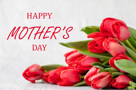 Happy mother's day inscription with bouquet of many bright red spring tulips lies on a light gray concrete background. side view, close up, selective ficus, greeting card with text, horizontal.の写真素材