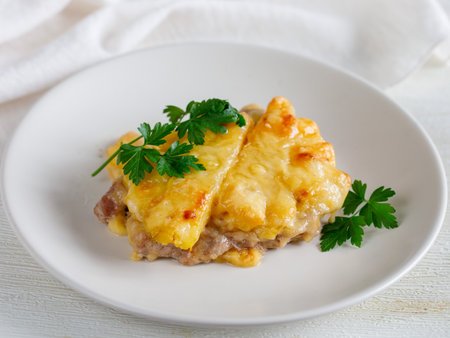 Baked Pork Steak with Pineapple grated with cheese on white plate close up.の写真素材