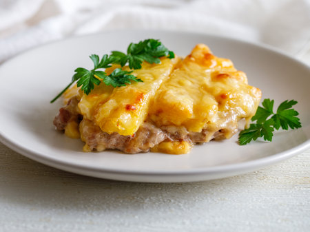 Baked Pork Steak with Pineapple grated with cheese on white plate close up.の写真素材