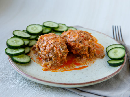 Stuffed cabbage leaves with minced meat and rice in tomato sauce on white plate on wooden table. Lazy cabbage rolls or meat cutlets. Delicious homemade dinner. comfort food. rustic style. side viewの写真素材