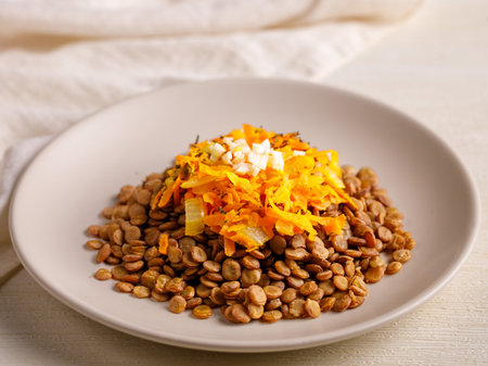 Homemade vegan stew Lentil with carrot, onion and garlic on plate. Healthy vegetarian lifestyle. Diet diabetic menu.の写真素材