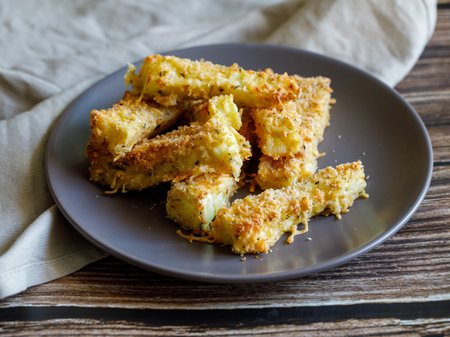 crunchy zucchini sticks breaded with breadcrumbs, parmesan cheese, spices on a black plate with gray napkin on a dark brown wooden table, side view close upの写真素材