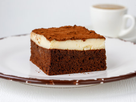 Piece of moist chocolate sponge cake with custurd cream in white plate on table.It called Islak kek or Aglayan Kek in Turkish. Homemade brownie cake with cocoa. Bakery, pastry for tea time in Turkeyの写真素材