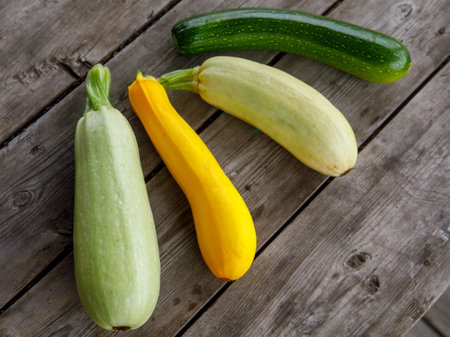 fresh mixed yellow, white, stripped and green zucchini's on a wooden background. Top view flat lay, close upの写真素材