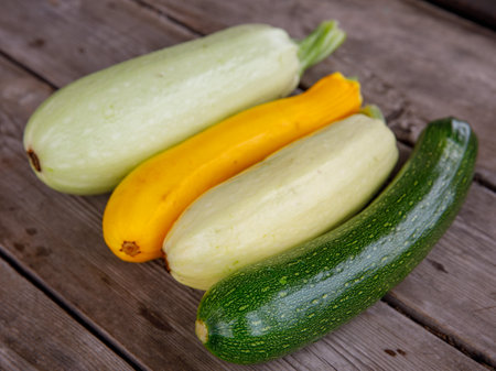 fresh mixed yellow, white, stripped and green zucchini's on a wooden background. Top view flat lay, close upの写真素材