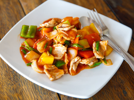 Sweet and sour stir fried pork, thai traditional food with pineapple, cucumber, tomato and other vegetableの写真素材