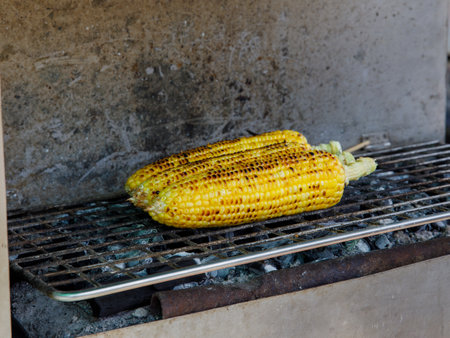 yellow hot corn at the thai night market. barbecue corn ear on brazier. grilled vegetables. delicious fresh snack. Thai Food Concept. tourist a.organic corn agriculture. bbq popcornの写真素材