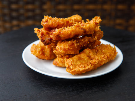 deep-fried fritters sliced banana, also known as Kluay khek, served on white plate on black wooden table.の写真素材
