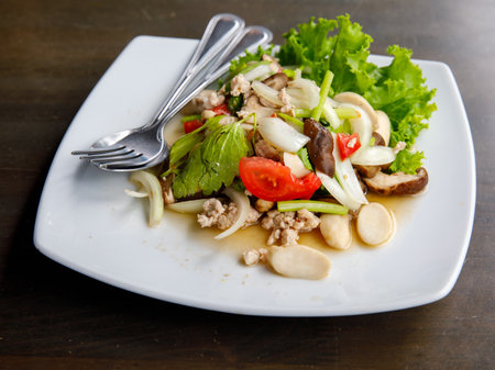 Yum Hed Con, Thai Mushroom and Mix Vegetables Spicy Salad, Shiitake, oyster mushroom and enokitakeの写真素材
