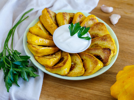Fried patisson or yellow zucchini with sour cream garlic sauce and greens, on wooden background.の写真素材