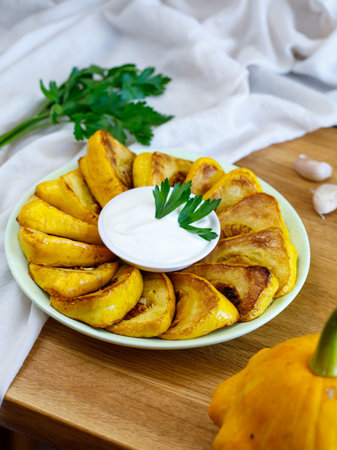 Fried patisson or yellow zucchini with sour cream garlic sauce and greens, on wooden background. Verticalの写真素材