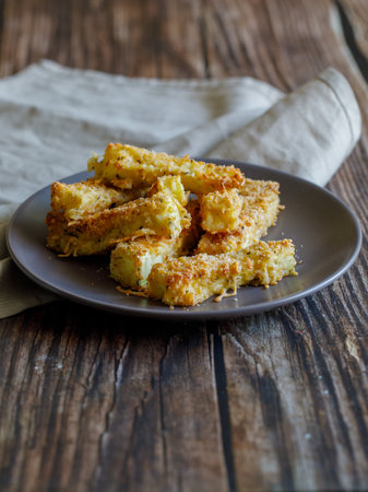 crunchy zucchini sticks breaded with breadcrumbs, parmesan cheese, spices on a black plate with gray napkin on a dark brown wooden table, side view close up verticalの写真素材