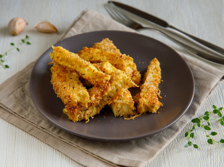 crunchy zucchini sticks breaded with breadcrumbs, parmesan cheese, spices on a black plate with gray napkin on a white wooden table, side view close up, fork and knife, garlic, thymeの写真素材