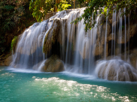 Landscape view of Erawan waterfall Kanchanaburi Thailand. Erawan National Park is home to one of most popular falls in Thailand. Second floor of Erawan waterfall Wang Machaの写真素材