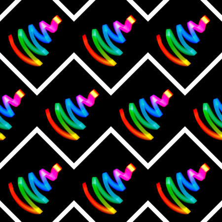 Abstract seamless colorful pattern for designers with bright freeze light lines christmas tree on black background with white zigzag lines . For New Year or Christmas wrapping paper or stationaryの写真素材