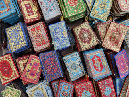 cosmetic bags or wallets with oriental patterns, souvenirs in turkish shop. Full frame travel backgroundの写真素材