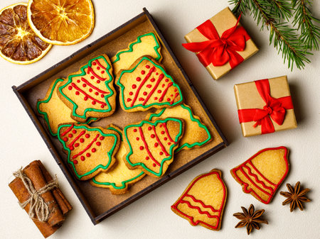 Box with variety of Christmas cookies: gingerbread trees, bells with icing in gift box, cinnamon, anis star, dried oranges and spruce branches flat lay top view.の写真素材