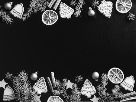 Christmas border. Black and white Gingerbread cookies, spices, Christmas tree branches and decorations on chalk board background. Top view, flat lay monochrome, Xmas bw greeting card with copy space.の写真素材