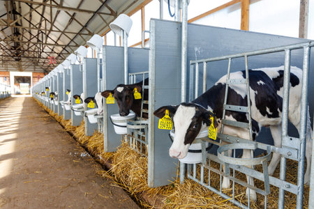 Row of newborn calves in stall close-up on modern industrial dairy farm. Calves rearing on livestock farm. Use of plastic ear tags for marking calves. Holstein dairy cattle breed. Sunny dayの写真素材
