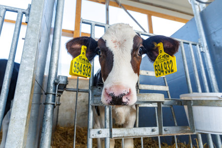 Cute newborn calf in stall close-up on modern industrial dairy farm. Calf rearing on livestock farm. Use plastic ear tags for marking calves. Funny Close up. Holstein dairy cattle breed. Wide angleの写真素材
