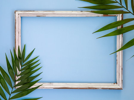 Wooden frame with tropical palm leaf on light blue background. Minimal nature. Summer styled flat lay. Top view, copy spaceの写真素材