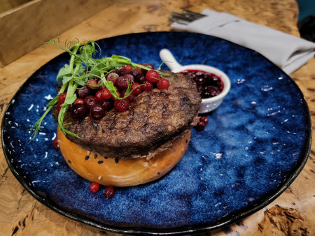 Maral or Siberian stag beefsteak minced meat on bun of bread with berry sauce on blur ceramic plate on wooden table. Altai dish.の写真素材