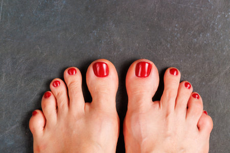 Beautiful womans vinous burgundy nails with beautiful pedicure. Female feet with bright pedicure on black marble background. Autumn and winter concept. Top view, copy space, horizontal, close upの写真素材